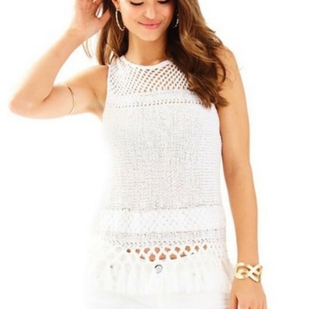 Lilly Pulitzer White Crochet Sleeveless Fringe Top Women's Size Medium